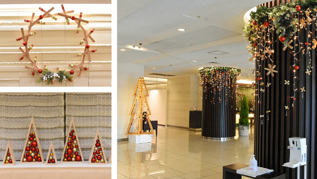 廃棄される秋田杉の端材を活用したクリスマス装飾がホテルロビーに登場