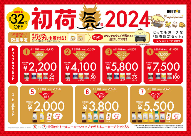 ドトール×ポムポムプリン　オリジナルグッズが抽選で当たる！　新春限定セット「初荷2024」　11月８日（水）予約開始