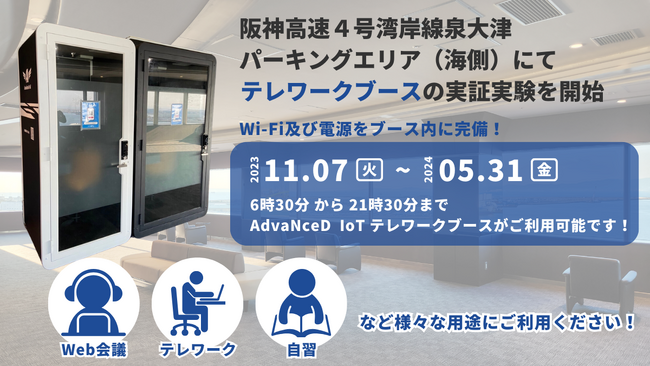 阪神高速４号湾岸線泉大津パーキングエリア（海側）において、都市高速道路内における「AdvaNceD IoTテレワークブース」設置の実証実験を開始
