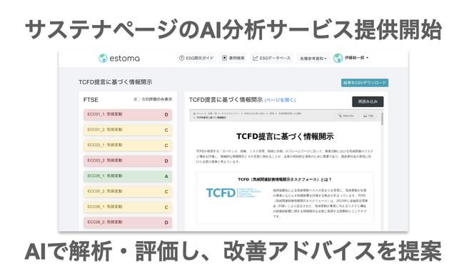 【ESG評価機関対応】世界初のESG情報統合管理クラウドestoma 自社のサステナページをAI分析・改善提案を行うサービスを提供開始