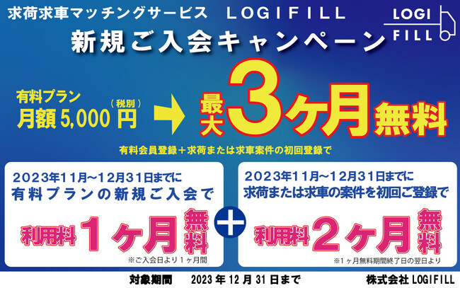 【最大3ヶ月無料】求荷求車マッチングサービス「LOGIFILL」新規ご入会キャンペーンを実施