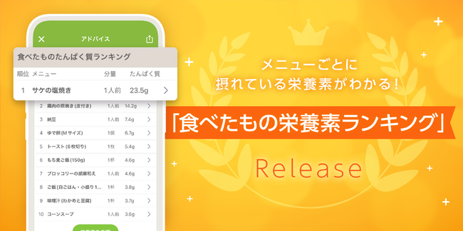 「塩分が多かったのはなぜ？」の声にお応え！食品・メニューごとに栄養素量が確認できる「食べたもの栄養素ランキング」が新登場
