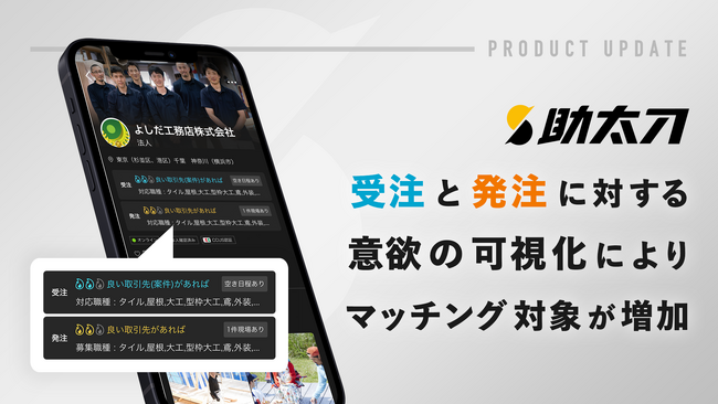 助太刀、受注と発注に対する意欲の可視化によりマッチング対象が増加！