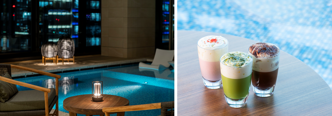 【三井ガーデンホテル横浜みなとみらいプレミア初めてのクリスマス】ホットドリンクを片手にプールサイドでみなとみらいを臨む。夜景とともに愉しむ限定クリスマスディナーコース登場