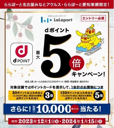 ららぽーと名古屋みなとアクルス、ららぽーと愛知東郷、三井アウトレットパーク 北陸小矢部でdポイントの利用が可能に！