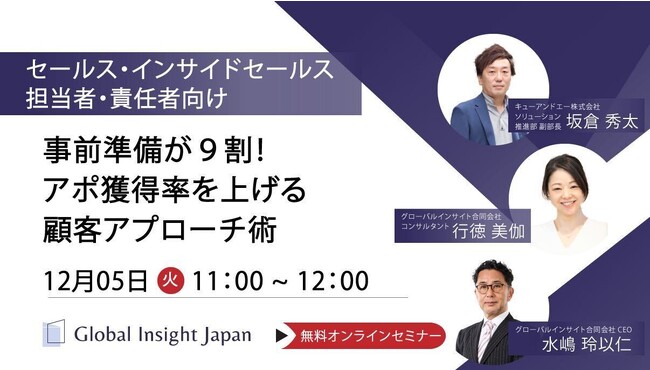 【12月5日（火）11時開催】セールス・インサイドセールス担当者・責任者向け「事前準備は9割！アポ獲得率を上げる顧客アプローチ術」をテーマに共同セミナーを開催