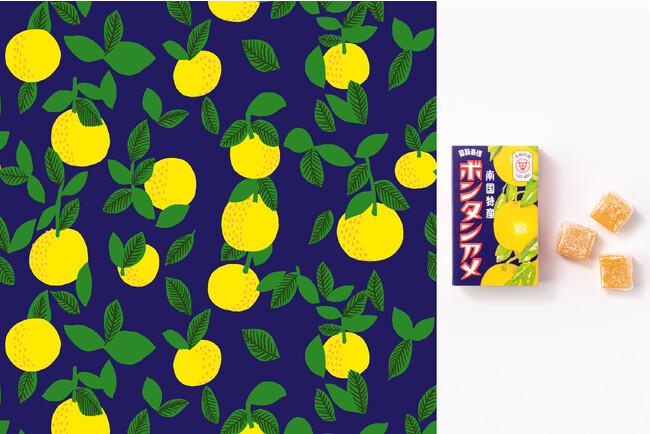 【ボンタンアメと北欧デザイン】「ボンタンアメ」の伝統のパッケージデザインをモチーフに、北欧のデザインテイストを取り入れて、テキスタイルパターンとして新たに描きおこした「ボンタンアメ(R)パターン」