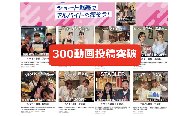 SNS ショート動画アルバイト求人サービス「グルメバイトちゃん」の動画投稿数が300を突破