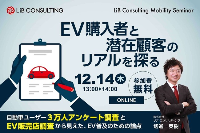 リブ・コンサルティング、「EV購入者と潜在顧客のリアルを探る」～自動車ユーザー3万人アンケート調査とEV販売店調査から見えた、EV普及のための論点～セミナー開催！