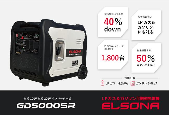 【新機種発売】LPガスとガソリン2つの燃料が使える発電機エルソナシリーズから、軽くてコンパクト、静かで高出力の発電機『ELSONA GD5000SR』が新登場！