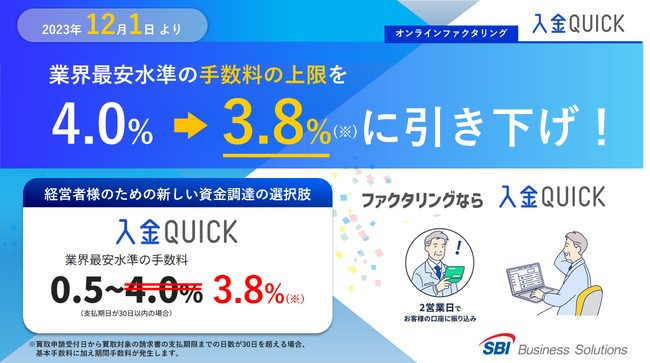 オンラインファクタリング「入金QUICK」業界最安水準の手数料を12月1日から0.5%～3.8%に引き下げ！