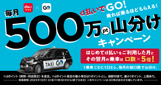 No.1タクシーアプリ『GO』でdポイントがもらえる　「d払いでGO！毎月500万ポイント山分けキャンペーン」