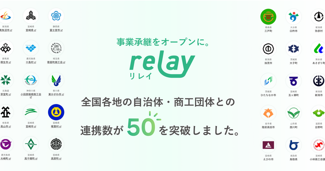 事業承継マッチングプラットフォーム「relay（リレイ）」、全国の自治体・商工団体との連携数が50を突破！