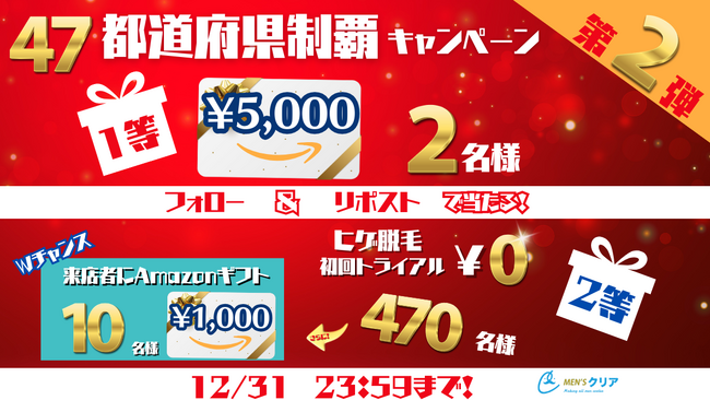 大好評につき第二弾！全国制覇達成記念！メンズ脱毛サロン【メンズクリア】がアマギフ最大5,000円が当たるSNSキャンペーン開催！