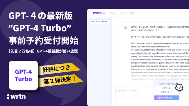 “みんなのAI” リートンテクノロジーズ、『GPT-４ Turbo』事前予約第2弾受付開始