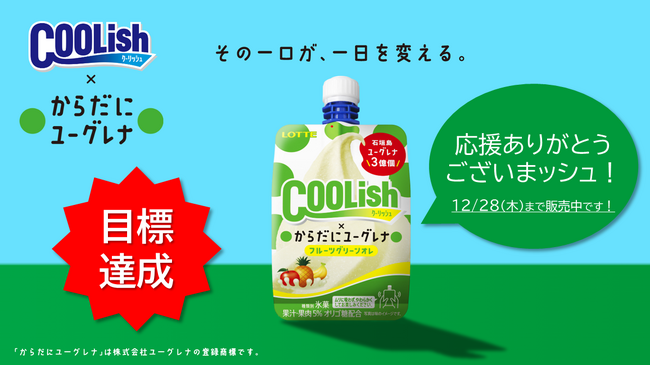 応援金額100%を達成！『クーリッシュ×からだにユーグレナ～フルーツグリーンオレ～』商品化決定