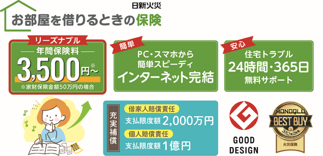 賃貸住宅入居者向け「お部屋を借りるときの保険」年間保険料 3,500円プラン（家財保険金額50万円）を販売開始
