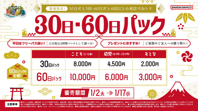 数量限定！お得な30日・60日パックを1月2日(火)より販売開始！屋内・冒険の島 ドコドコが最大60日間遊び放題！