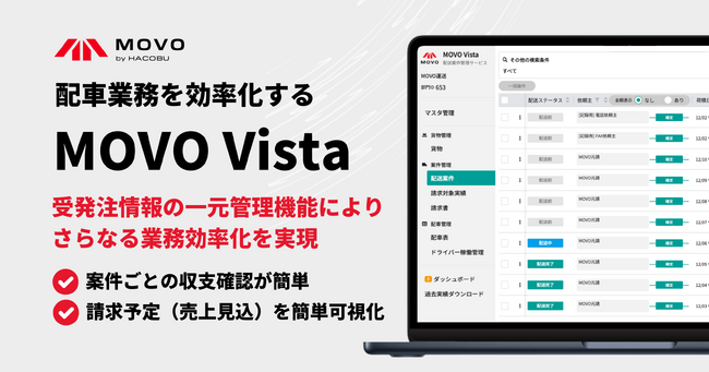 配送案件管理サービス「MOVO Vista（ムーボ・ヴィスタ）」が、全ての配送案件の受発注から請求までの情報を一元管理できるよう機能を拡張！