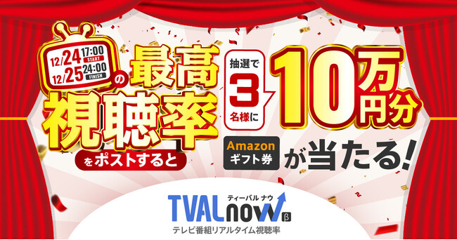 スイッチメディア、TVAL nowのリリースを記念して対象期間内の最高視聴率をXに投稿すると抽選でAmazonギフトカード10万円分が3名様に当たるキャンペーンを12/24(日)に開催！