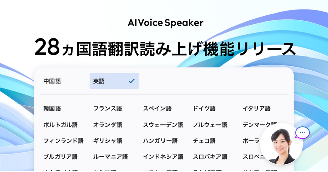 AIVoiceSpeaker、28ヵ国語に拡充した翻訳・読み上げ機能を提供開始。日本語テキストから自然な外国語AI音声をかんたん生成。
