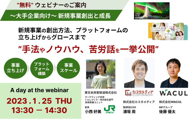 2024年1月25日　JR東日本様、WACUL様と大手企業向けウェビナー開催　『「大企業による新規事業の創出」プラットフォームの立ち上げからグロースまで　”手法、ノウハウや苦労話”を一挙公開』