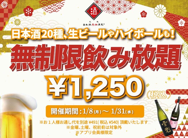時間無制限（最大11時間）日本酒飲み放題￥1,250(税込)｜日曜～木曜日、1日30名様限定┃1月8日～31日、日本酒原価酒蔵全店で開催｜