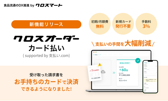 食品流通のDXを推進するクロスマート、中小飲食店向け「クロスオーダーカード払い supported by 支払い.com」をリリース