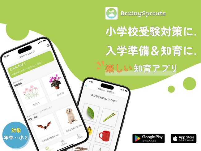 カラフルな画像とキャラクターで楽しく続けられる、小学校受験対策＆幼児向け知育アプリ「BrainySprouts」リリース！