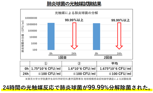 肺炎の原因として最も多い細菌『肺炎球菌』を、光触媒が99.99%分解することを実証。