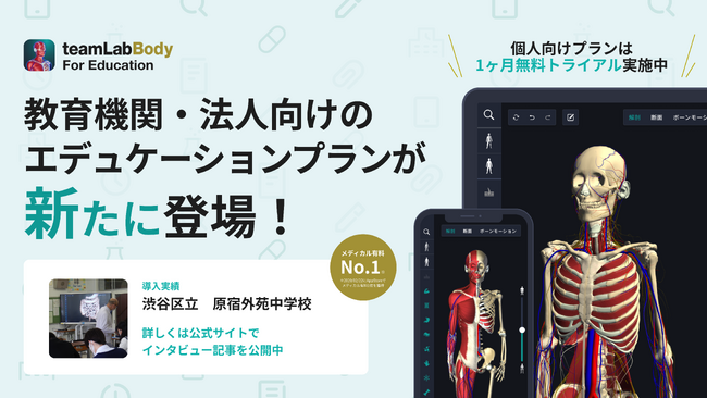 チームラボが開発した3D人体解剖学アプリ「teamLabBody Pro」から教育機関・法人向けのエデュケーションプランが登場。