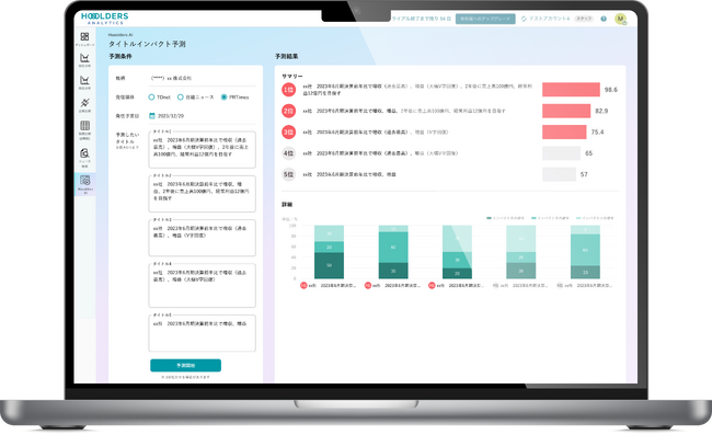 IRリリース等の配信前に、出来高への反響をAIで予測する。Hooolders Analytics、新機能「タイトルインパクト予測機能(β)」を提供開始
