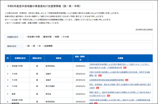 「令和６年能登半島地震の事業者向け支援策情報」を掲載した専用ページを開設しました