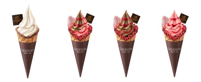バレンタイン催事場でのワンハンドフードにもぴったり！ゴディバ「ストロベリーミックス ダブルチョコレート ＆ あまおう苺」、「カカオフルーツ ＆ ホワイトチョコレートバニラ」などソフトクリーム各種