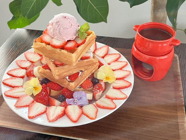 バレンタイン限定スイーツ　チョコレートおかわり自由！「完熟いちごのメルティショコラワッフル」岡山・農園カフェ湯郷で1月20日(土)より新登場