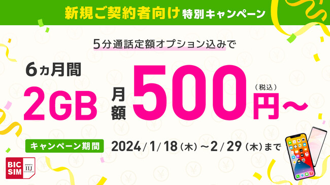【BIC SIM】ギガプランの月額料金を440円割引、通話定額オプションの月額料金を410円割引のキャンペーンを開始