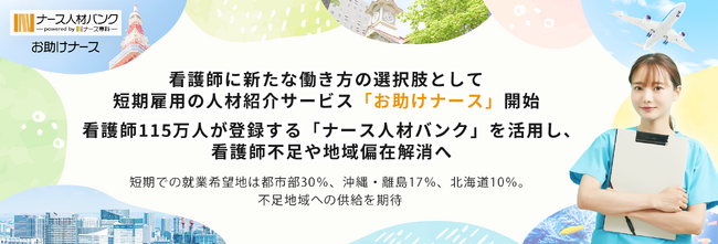 看護師に新たな働き方の選択肢として短期雇用の人材紹介サービス「お助けナース」開始。看護師115万人が登録する「ナース人材バンク」を活用し、看護師不足や地域偏在解消へ