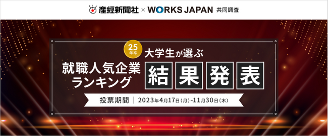 「産経新聞社×ワークス・ジャパン 25卒学生が選ぶ就職人気企業ランキング」の調査結果を発表