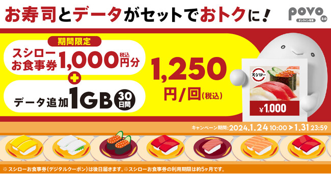 povo2.0、スシロー「お食事券 1,000円分」がセットのデータトッピングを1月31日まで提供、抽選でさらに1,000円分もらえる新規加入キャンペーンも
