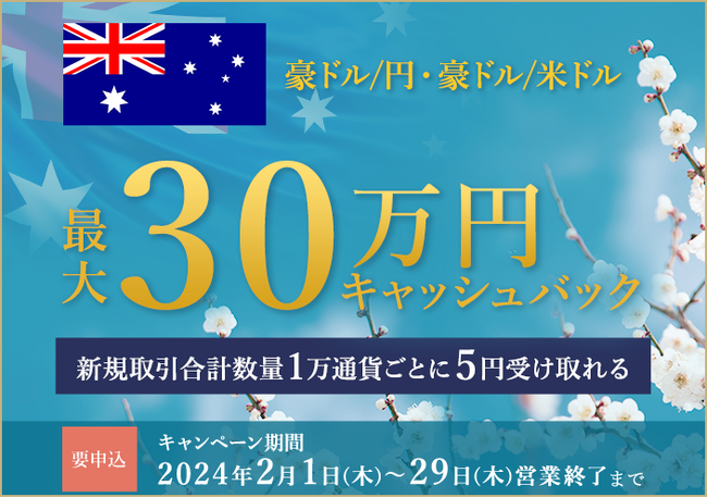 【セントラル短資ＦＸ】豪ドル/円と豪ドル/米ドルの新規取引で最大300,000円キャッシュバック