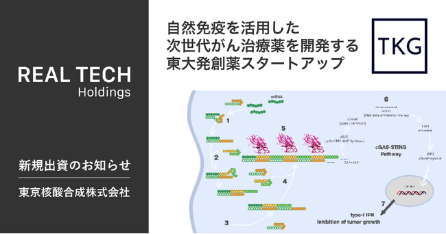リアルテックホールディングス、自然免疫を活用した次世代がん治療薬を開発する東大発創薬スタートアップ東京核酸合成への出資を実施