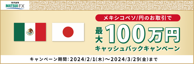 【松井証券 FX】 メキシコペソ/円の新規取引で最大100万円キャッシュバック！