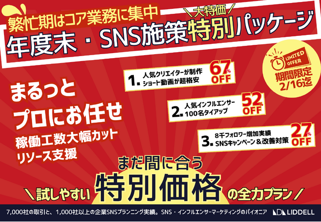 《年度末・SNS特別施策》まだ間に合う！“ 300万回再生” 実績の動画納品を超特価キャンペーンで！ インフルエンサーも一括確保＜SNS売れ＞を手間なく実施可能！