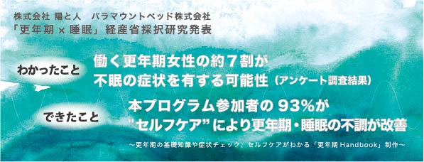 「更年期×睡眠」経産省採択研究発表　働く更年期世代女性の約７割が不眠の症状を有する可能性　本プログラム参加者の93％はセルフケアにより更年期・睡眠の不調が改善