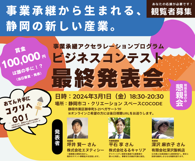 事業承継から生まれる、静岡の新しい産業。事業承継アクセラレーションプログラム成果発表会、ビジネスコンテスト・懇親会開催のお知らせ。事業を承継した熱い挑戦者たちの新規事業アイデアが世にでる瞬間をぜひ！