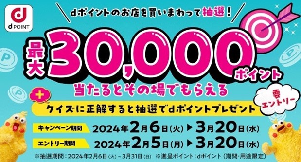 「dポイントのお店を買いまわって抽選！最大30,000ポイント！当たるとその場でもらえる」キャンペーンを開催