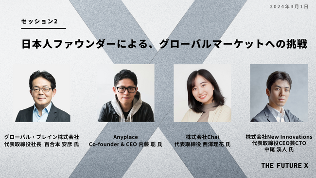「THE FUTURE X」、セッション第2弾公開。グローバル・ブレイン百合本氏、Anyplace内藤氏、Chai西澤氏、New Innovations中尾氏による「グローバルマーケットへの挑戦」