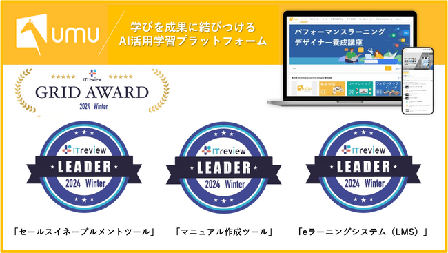 AIを活用した学習プラットフォーム「UMU」、「ITreview Grid Award 2024 Winter」の「セールスイネーブルメントツール」部門他、2部門で9年連続受賞