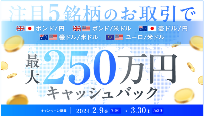 4週連続キャンペーン！第1弾、注目5銘柄のお取引で最大250万円キャッシュバック
