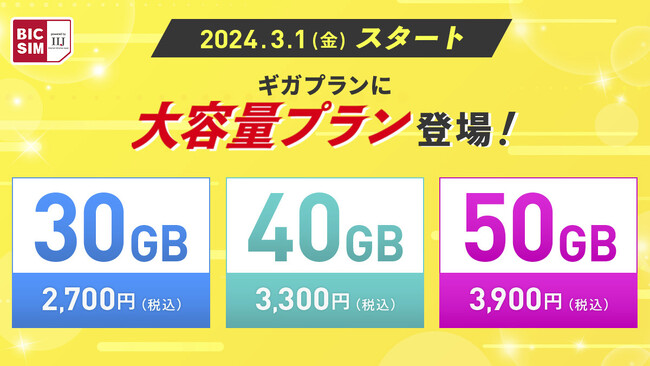 【BIC SIM】新たな選択肢！BIC SIMギガプランに30/40/50GBの大容量プランが登場。月額料金割引やデータ増量キャンペーンも実施